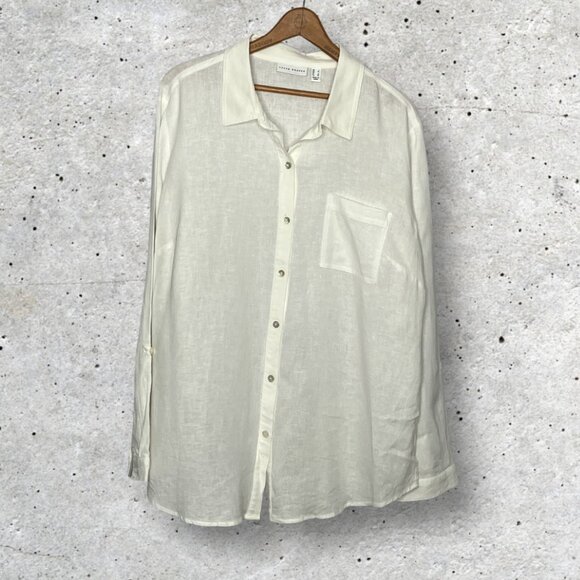 Susan Graver Large L White Easy Linen Blend Cross Dyed Pocket Tunic Top Shirt‎ - Picture 1 of 4